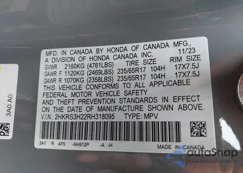 2024 Honda Cr-V Lx 2Wd z USA, uszkodzony, nr VIN 2HKRS3H22RH318095